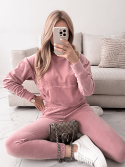 MONACO - WELUROWY DRES BLUZA + SPODNIE BRUDNY RÓŻ