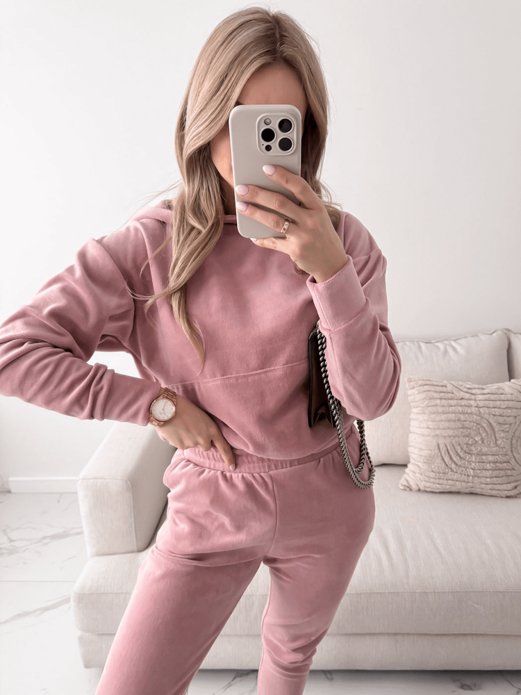 MONACO - WELUROWY DRES BLUZA + SPODNIE BRUDNY RÓŻ