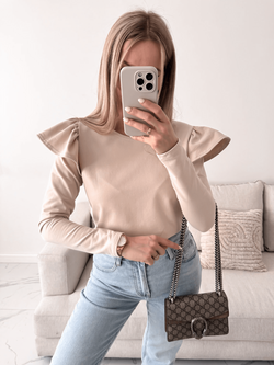 DIORA – BLUZA DAMSKA BASIC Z FALBANKAMI BEŻ