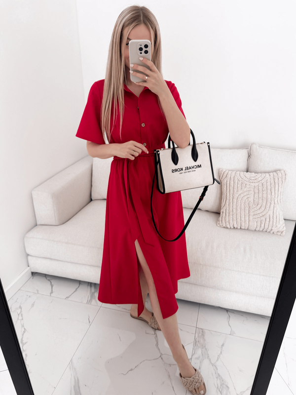 MELANIA - LNIANA SUKIENKA MIDI Z ROZCIĘCIEM CZERWONA