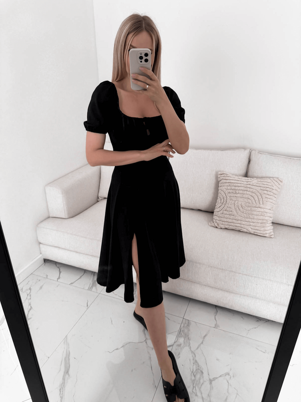 INES - BAWEŁNIANA SUKIENKA MIDI Z ROZCIĘCIEM CZARNA