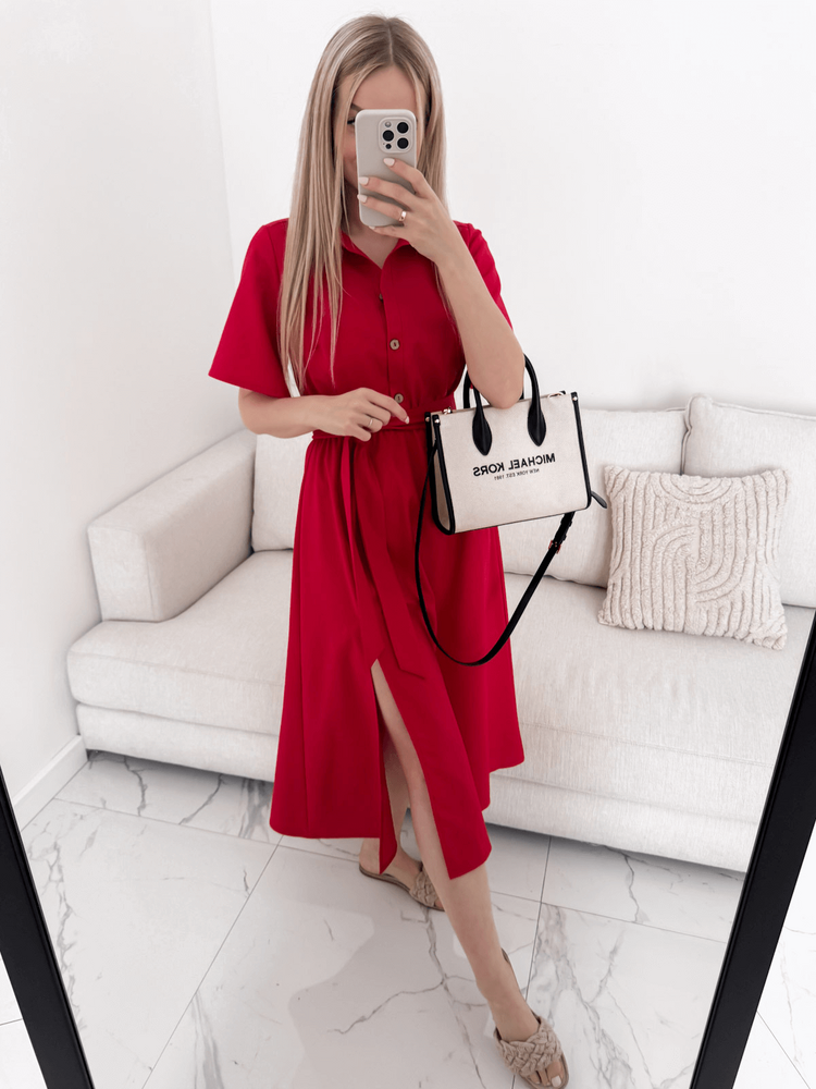 MELANIA - LNIANA SUKIENKA MIDI Z ROZCIĘCIEM CZERWONA