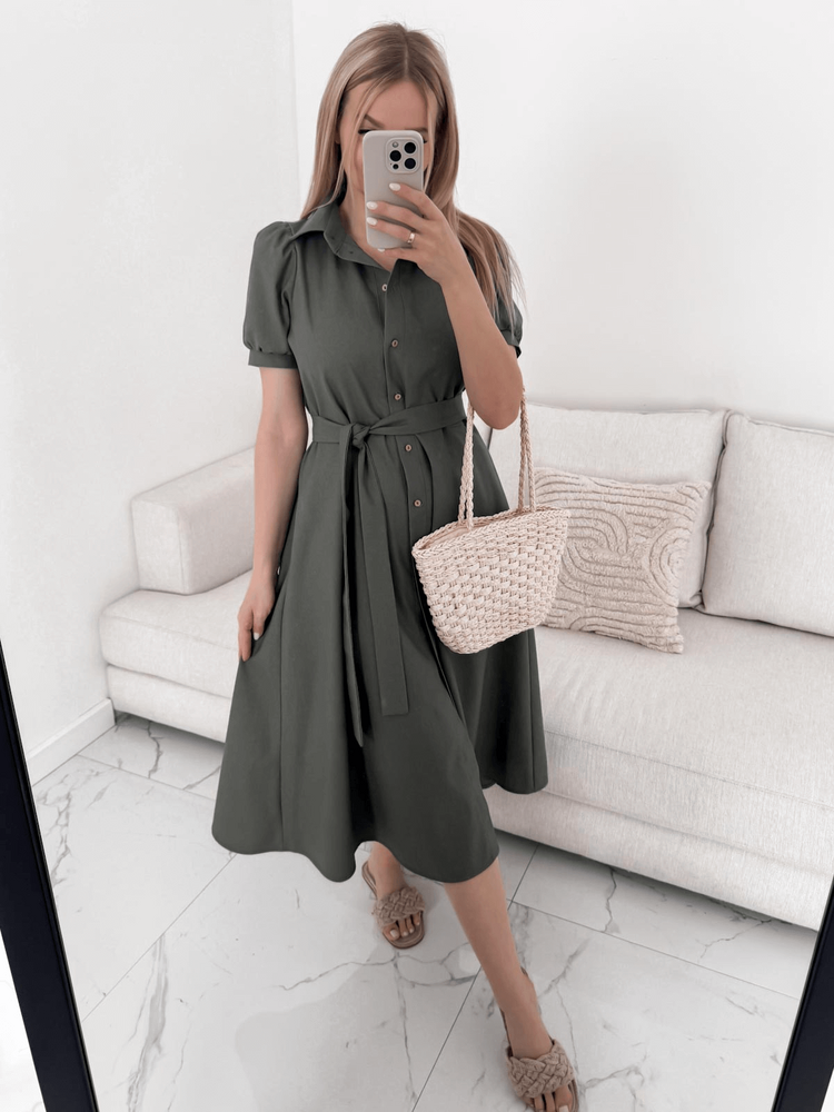SAVANNA - WISKOZOWA SUKIENKA MAXI Z GUZIKAMI ECU KHAKI