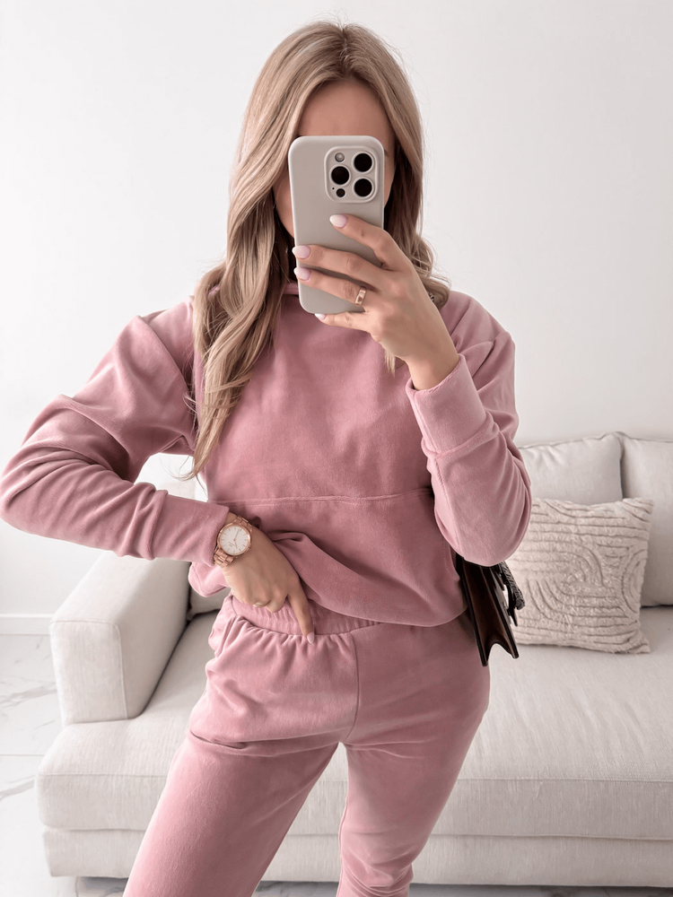MONACO - WELUROWY DRES BLUZA + SPODNIE BRUDNY RÓŻ