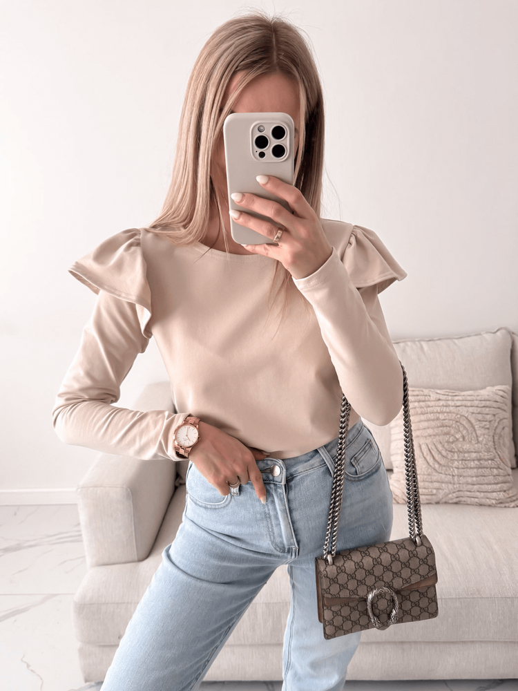 DIORA – BLUZA DAMSKA BASIC Z FALBANKAMI BEŻ